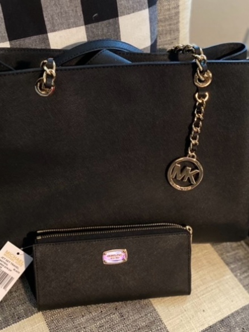 Michael Kors Black Leather Tote with Gold Chain Charm and Matching Wallet